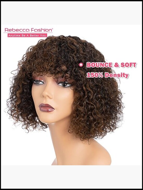 10 Inch Short Curly Water Wave Bob Wig Human Hair With Bangs Glueless 150% main image 4